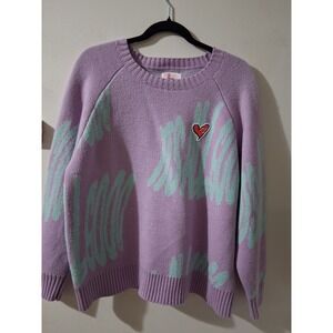ccaabb Purple Mint Abstract Scribble Heart Patch Wool Blend Sweater CABKN3112F0